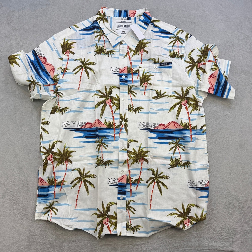 Parish Nation Button Down Shirt Mens 3XL White Tropical Palm Tree Island Print